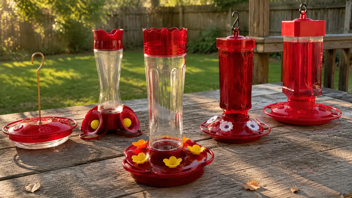 The five hummingbird feeders in this guide together on a garden table in the yard